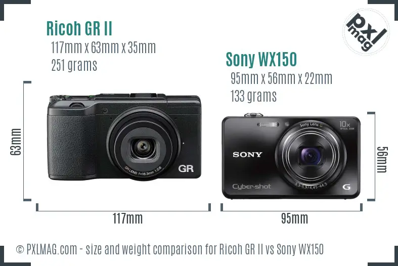 Ricoh GR II vs Sony WX150 size comparison