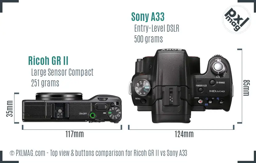 Ricoh GR II vs Sony A33 top view buttons comparison