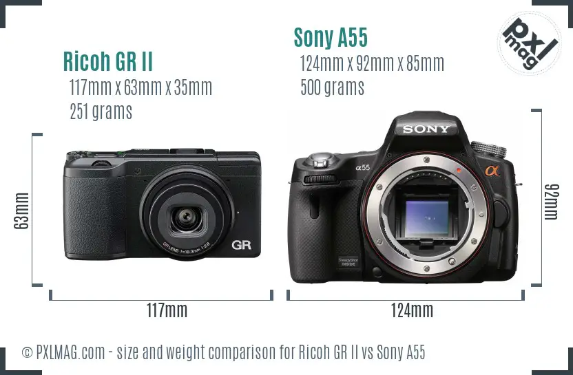 Ricoh GR II vs Sony A55 size comparison
