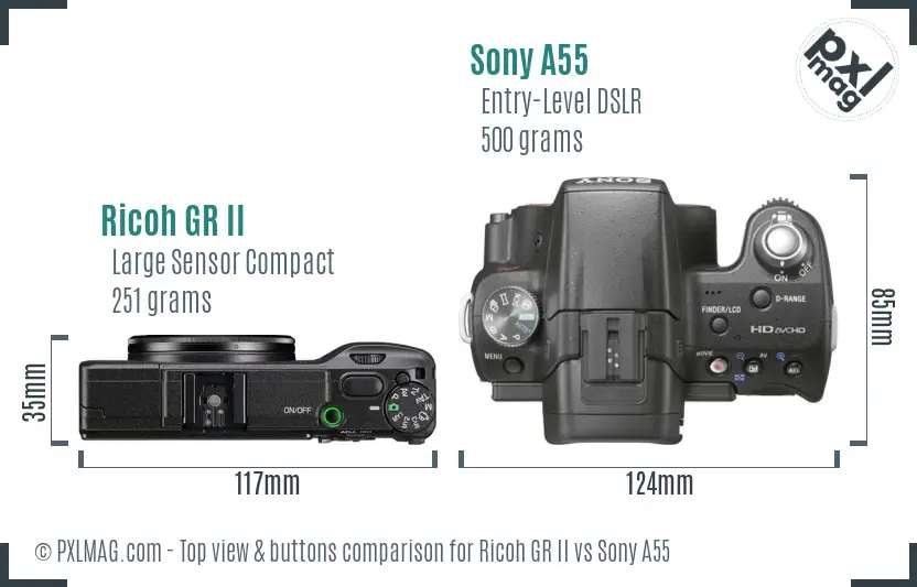 Ricoh GR II vs Sony A55 top view buttons comparison