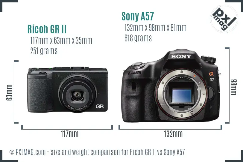 Ricoh GR II vs Sony A57 size comparison