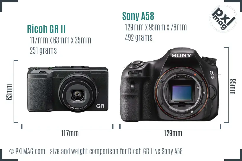 Ricoh GR II vs Sony A58 size comparison
