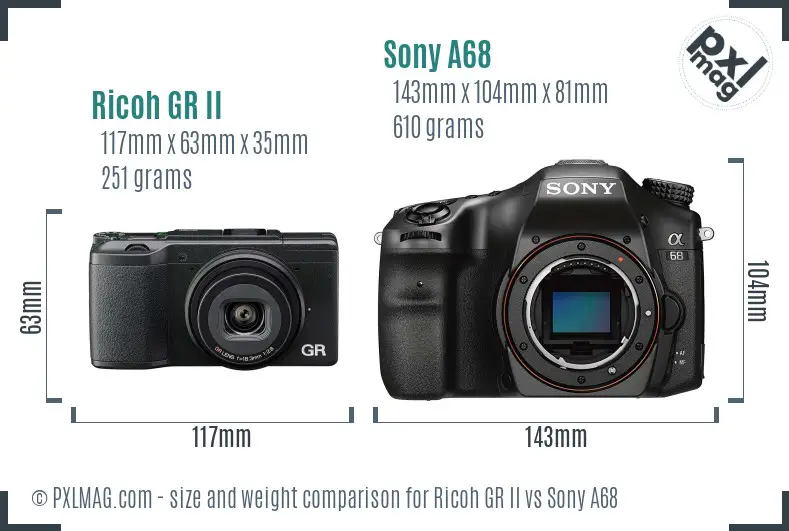 Ricoh GR II vs Sony A68 size comparison
