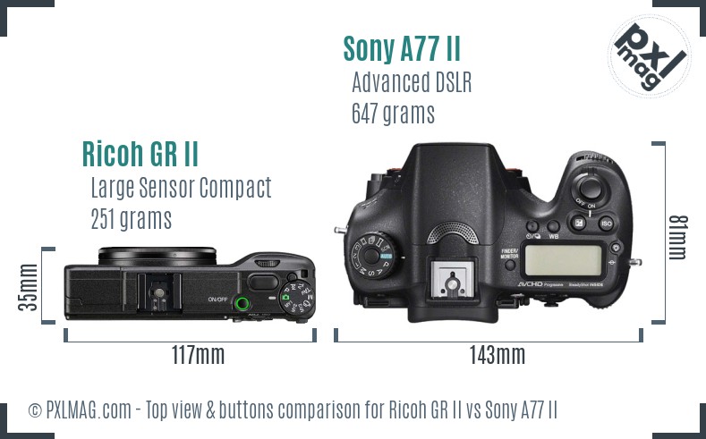 Ricoh GR II vs Sony A77 II top view buttons comparison