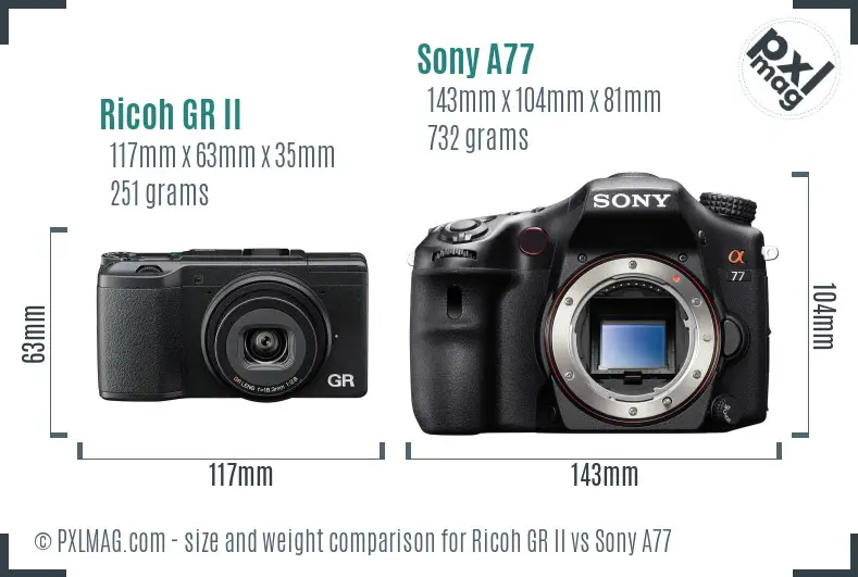 Ricoh GR II vs Sony A77 size comparison