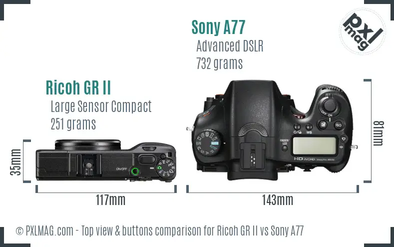 Ricoh GR II vs Sony A77 top view buttons comparison