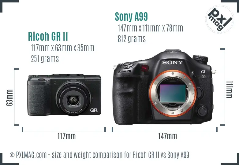 Ricoh GR II vs Sony A99 size comparison