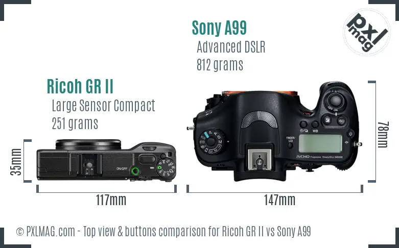 Ricoh GR II vs Sony A99 top view buttons comparison