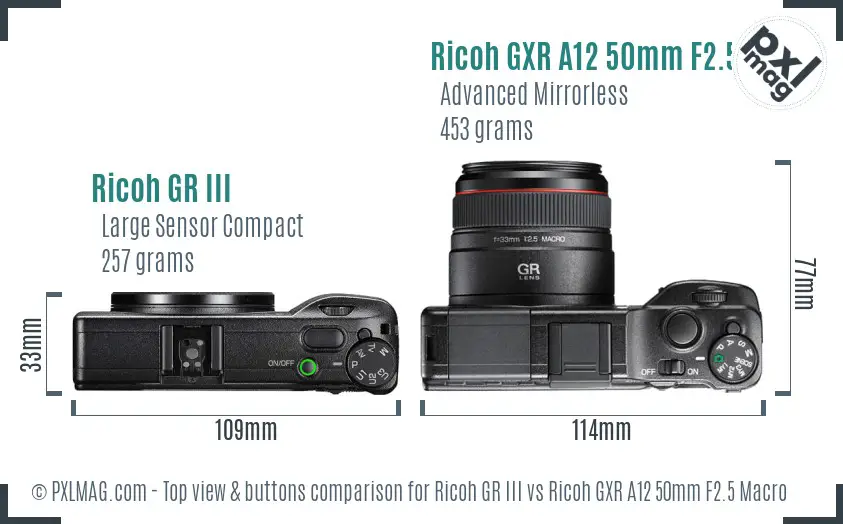 Ricoh GR III vs Ricoh GXR A12 50mm F2.5 Macro top view buttons comparison
