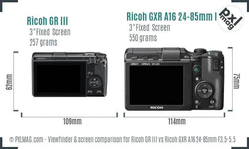 Ricoh GR III vs Ricoh GXR A16 24-85mm F3.5-5.5 Screen and Viewfinder comparison