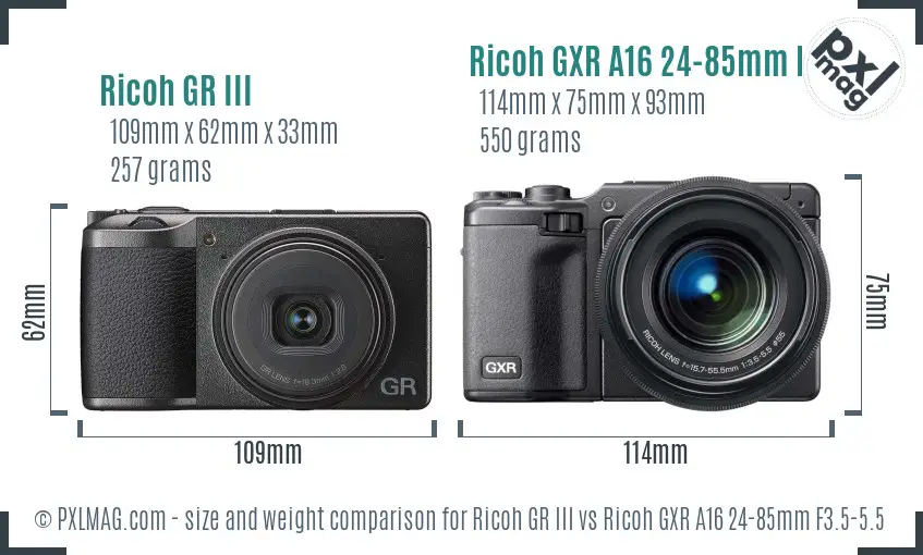 Ricoh GR III vs Ricoh GXR A16 24-85mm F3.5-5.5 size comparison