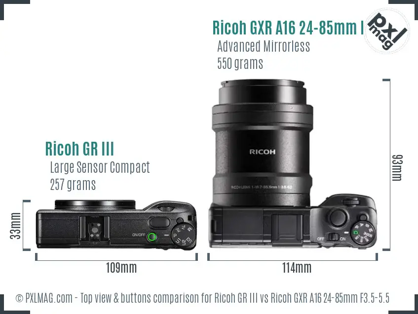 Ricoh GR III vs Ricoh GXR A16 24-85mm F3.5-5.5 top view buttons comparison