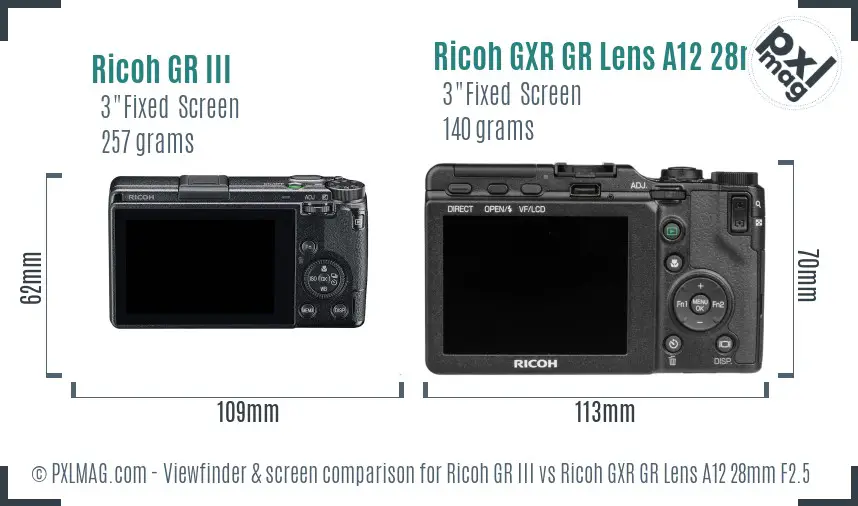 Ricoh GR III vs Ricoh GXR GR Lens A12 28mm F2.5 Screen and Viewfinder comparison