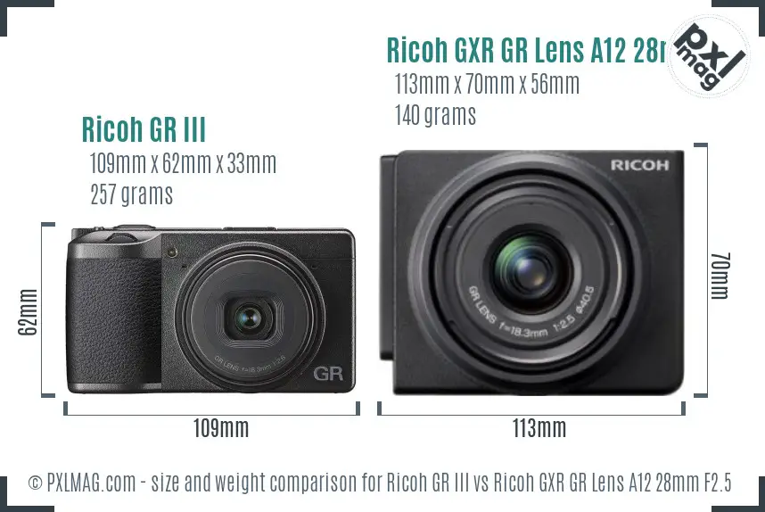Ricoh GR III vs Ricoh GXR GR Lens A12 28mm F2.5 size comparison