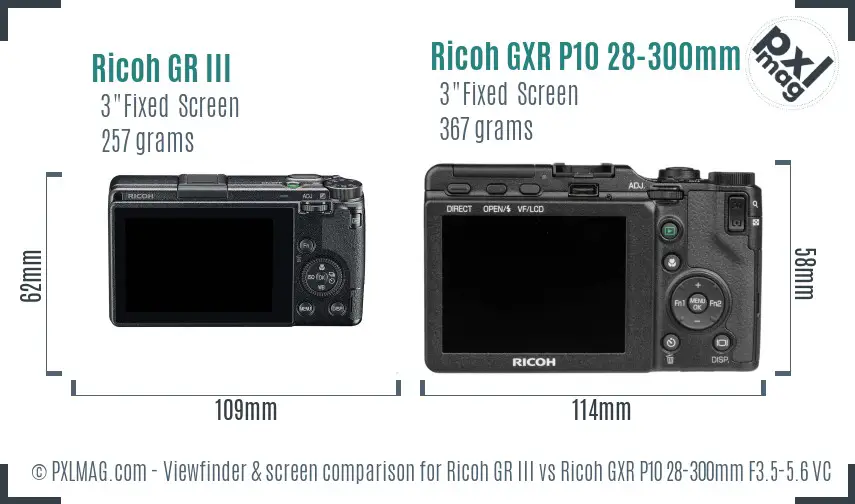 Ricoh GR III vs Ricoh GXR P10 28-300mm F3.5-5.6 VC Screen and Viewfinder comparison