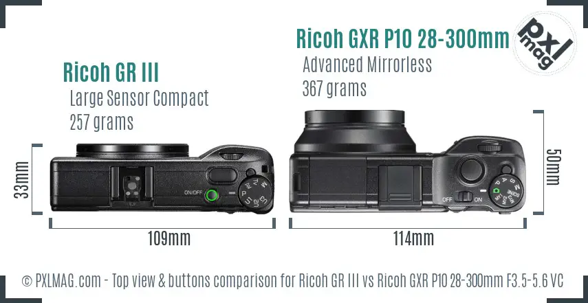 Ricoh GR III vs Ricoh GXR P10 28-300mm F3.5-5.6 VC top view buttons comparison