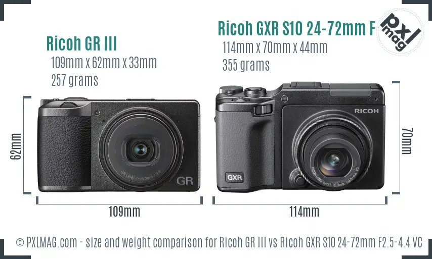 Ricoh GR III vs Ricoh GXR S10 24-72mm F2.5-4.4 VC size comparison
