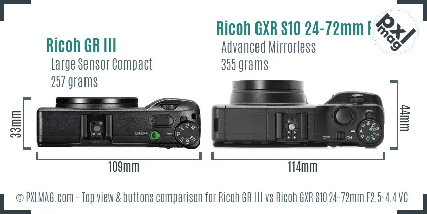 Ricoh GR III vs Ricoh GXR S10 24-72mm F2.5-4.4 VC top view buttons comparison