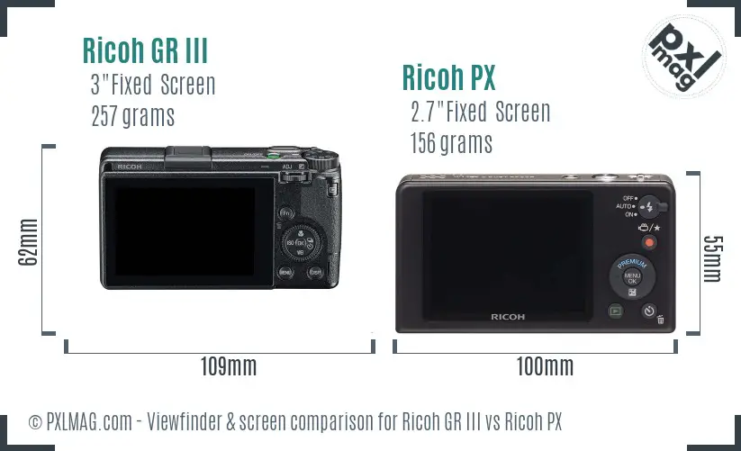 Ricoh GR III vs Ricoh PX Screen and Viewfinder comparison