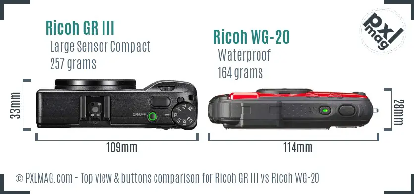 Ricoh GR III vs Ricoh WG-20 top view buttons comparison