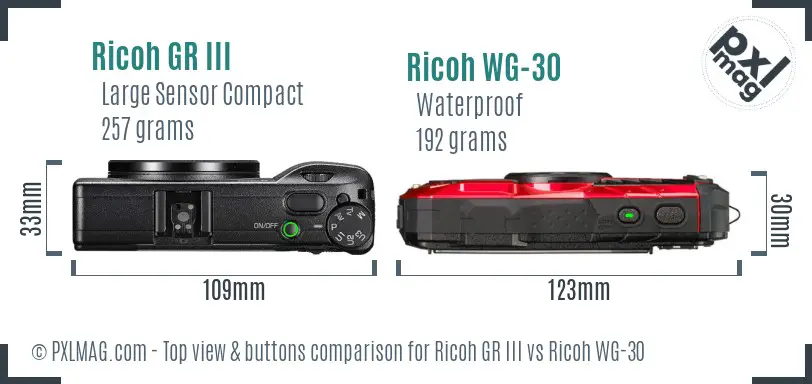 Ricoh GR III vs Ricoh WG-30 top view buttons comparison