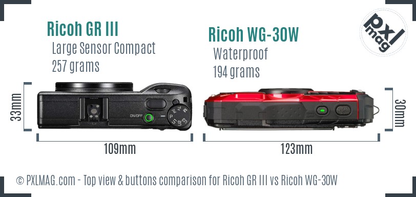 Ricoh GR III vs Ricoh WG-30W top view buttons comparison