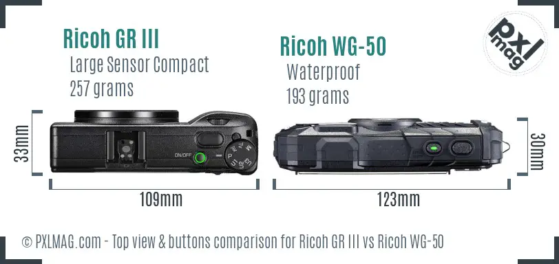 Ricoh GR III vs Ricoh WG-50 top view buttons comparison