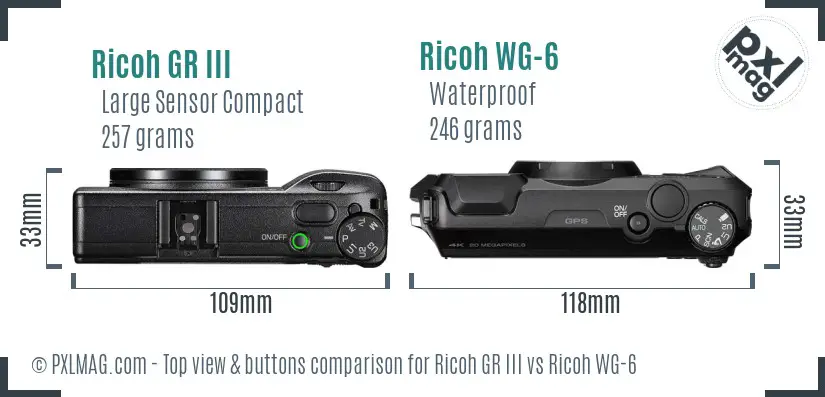 Ricoh GR III vs Ricoh WG-6 top view buttons comparison