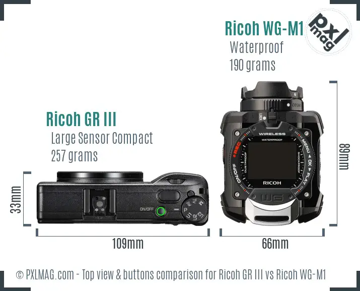 Ricoh GR III vs Ricoh WG-M1 top view buttons comparison