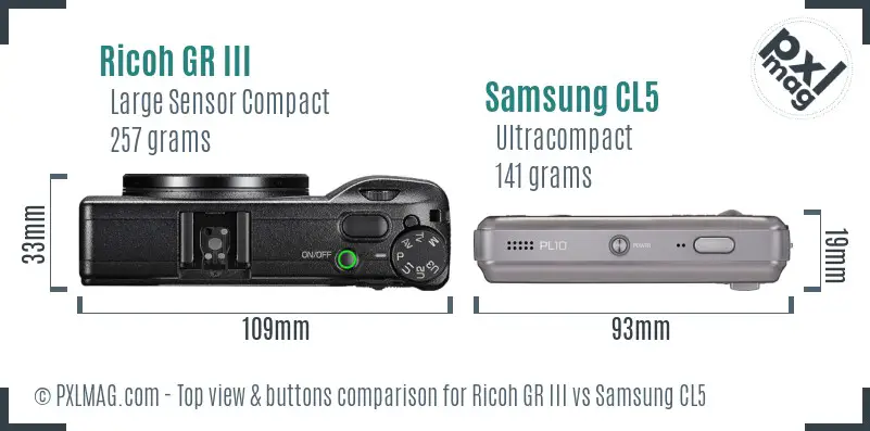 Ricoh GR III vs Samsung CL5 top view buttons comparison