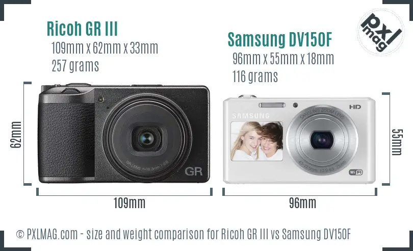 Ricoh GR III vs Samsung DV150F size comparison