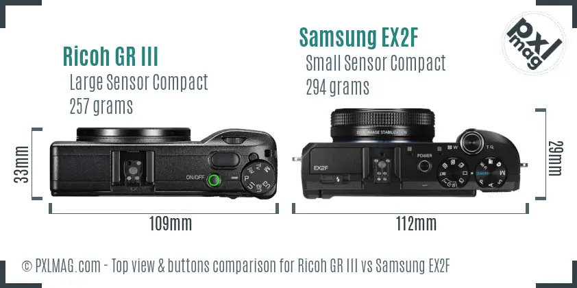 Ricoh GR III vs Samsung EX2F top view buttons comparison