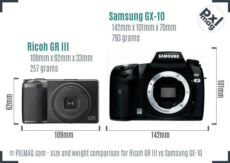 Ricoh GR III vs Samsung GX-10 size comparison