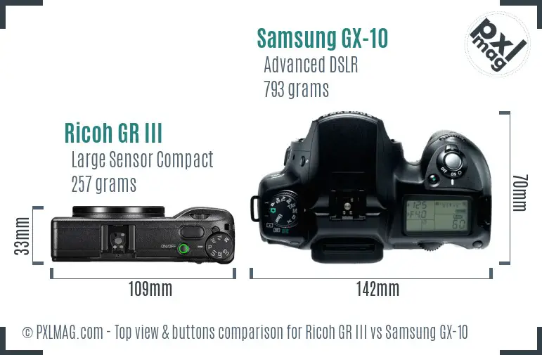 Ricoh GR III vs Samsung GX-10 top view buttons comparison