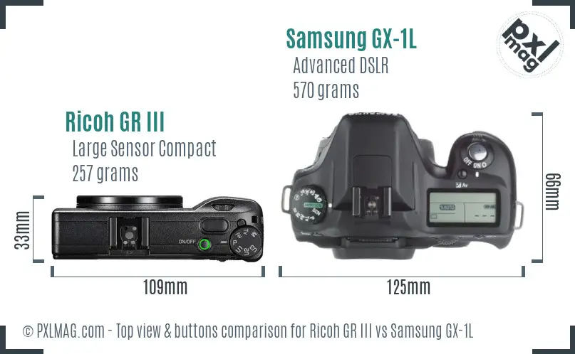 Ricoh GR III vs Samsung GX-1L top view buttons comparison
