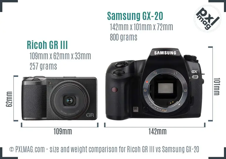 Ricoh GR III vs Samsung GX-20 size comparison