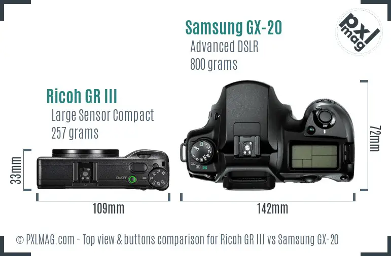 Ricoh GR III vs Samsung GX-20 top view buttons comparison