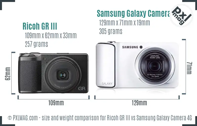 Ricoh GR III vs Samsung Galaxy Camera 4G size comparison