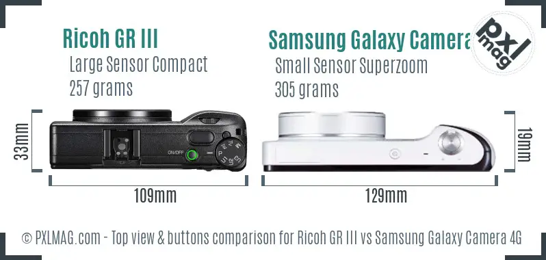Ricoh GR III vs Samsung Galaxy Camera 4G top view buttons comparison