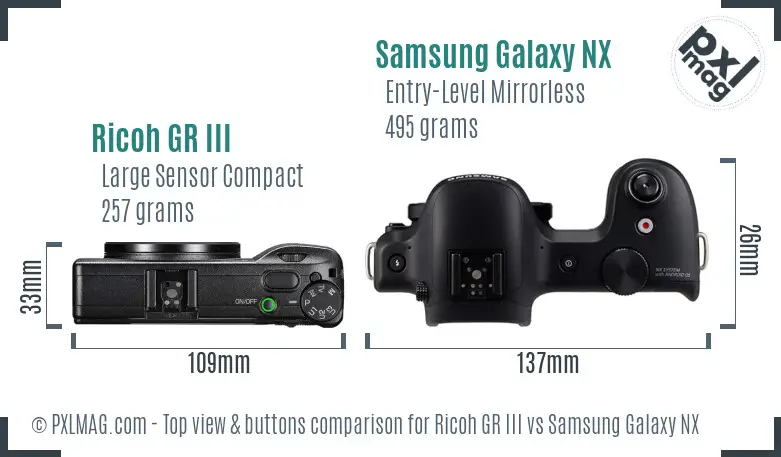 Ricoh GR III vs Samsung Galaxy NX top view buttons comparison