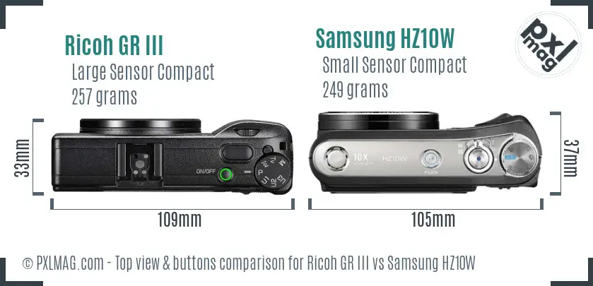 Ricoh GR III vs Samsung HZ10W top view buttons comparison