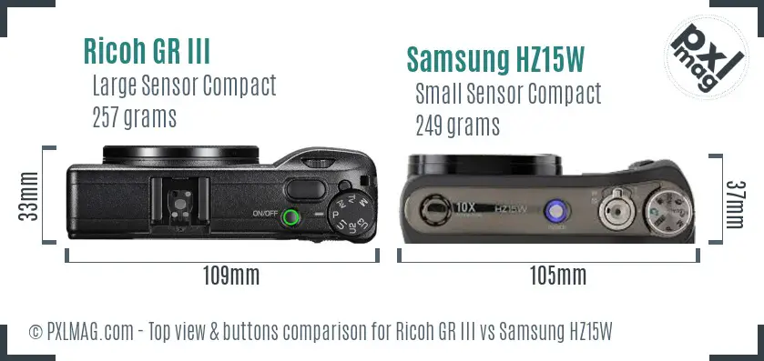 Ricoh GR III vs Samsung HZ15W top view buttons comparison