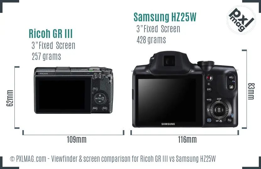 Ricoh GR III vs Samsung HZ25W Screen and Viewfinder comparison