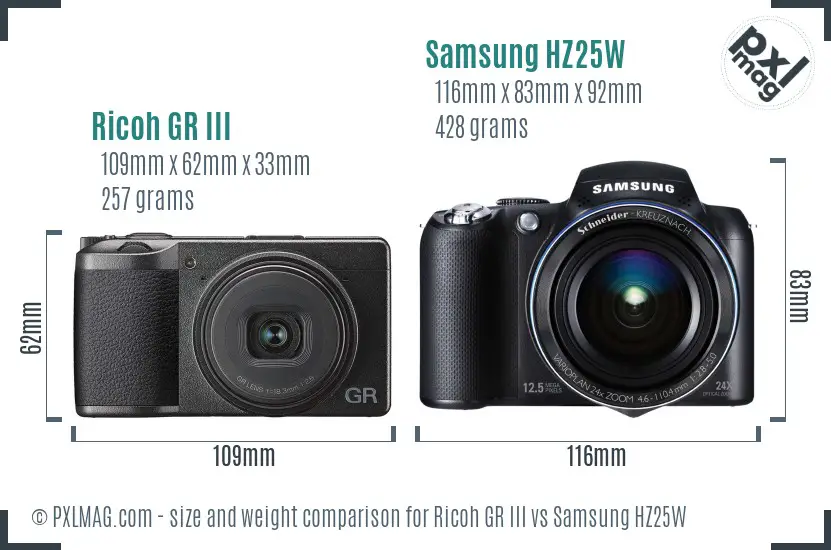 Ricoh GR III vs Samsung HZ25W size comparison
