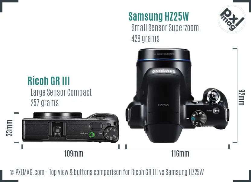 Ricoh GR III vs Samsung HZ25W top view buttons comparison