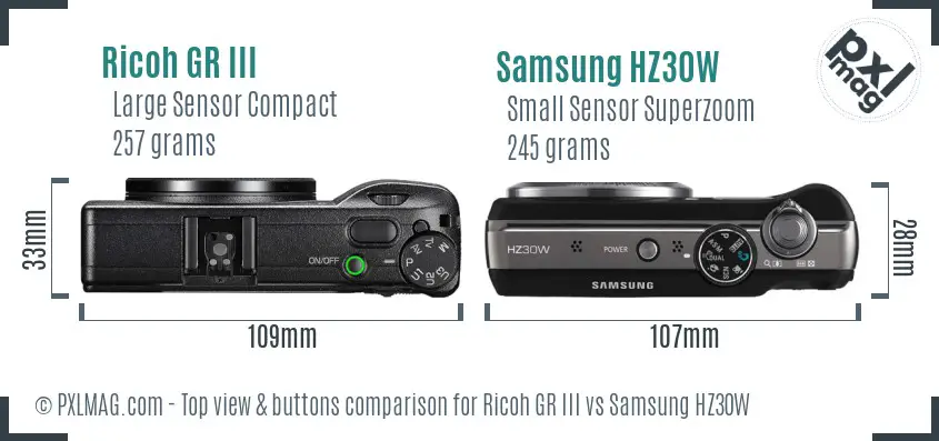 Ricoh GR III vs Samsung HZ30W top view buttons comparison