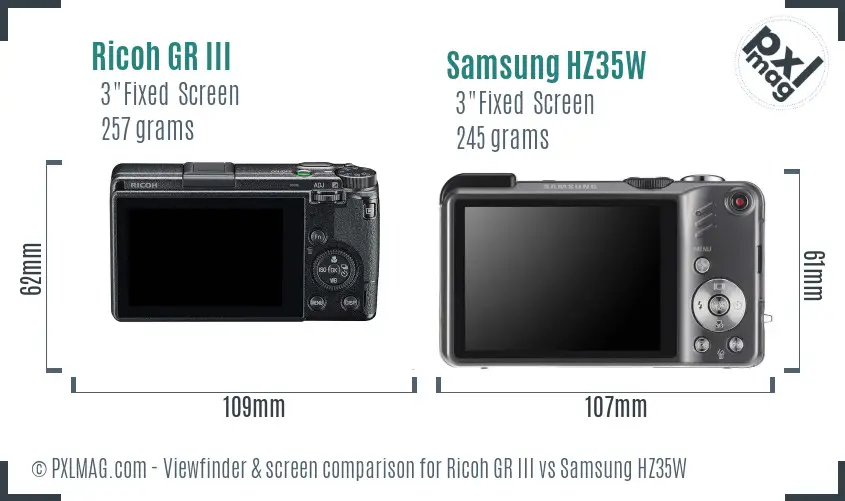 Ricoh GR III vs Samsung HZ35W Screen and Viewfinder comparison