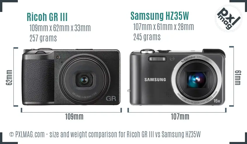 Ricoh GR III vs Samsung HZ35W size comparison