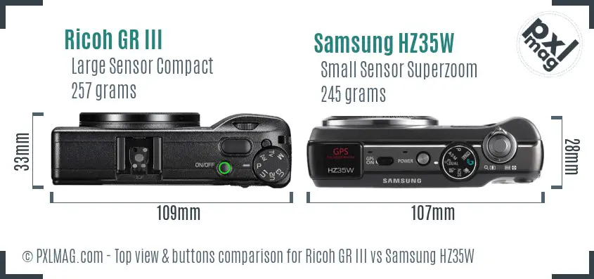 Ricoh GR III vs Samsung HZ35W top view buttons comparison