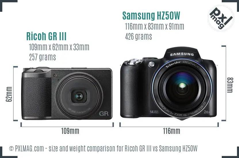 Ricoh GR III vs Samsung HZ50W size comparison